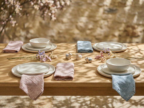 Table setting of white bowls linen napkins and dried flowers with figurines