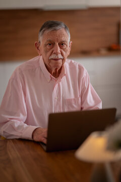 Confident senior man sitting at desk and using laptop in cozy scandinavian style home