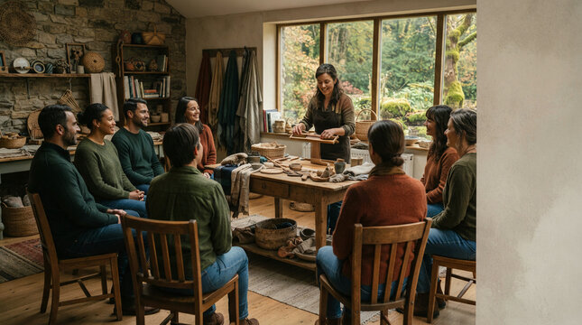Seven people watching a woman demonstrate weaving at a table in a stone room