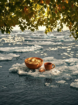 Terracotta bowl and mug resting on an ice floe framed by autumn tree branches