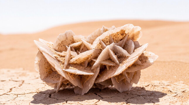 Desert Rose Mineral Crystal on Cracked Arid Ground with Sand Dunes