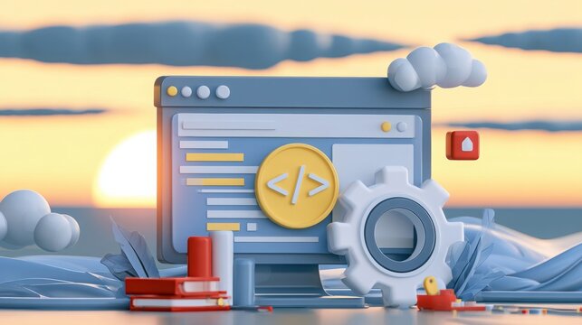 Web development concept featuring website coding and webpage creation as a minimal 3D vector icon.