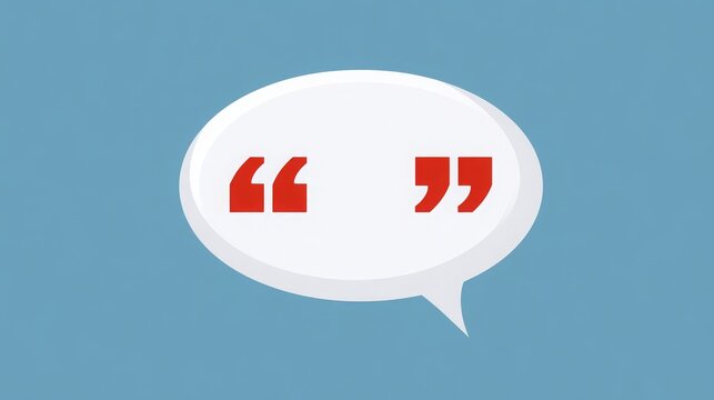 White speech bubble with red quotation marks on a powder-blue background, flat vector icon.