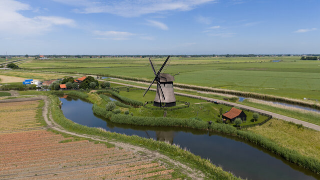Aerial view of Bovenmolen G Polder Windmill in Schermerhorn