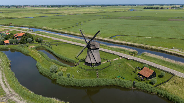 Aerial view of Bovenmolen G Polder Windmill in Schermerhorn