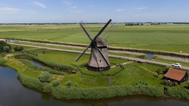 Aerial view of Bovenmolen G Polder Windmill in Schermerhorn