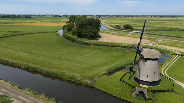 Aerial view of Bovenmolen G Polder Windmill in Schermerhorn