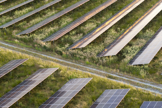 Aerial view of rows of solar panels installed in a field with green grass and a dirt path under warm golden hour light in Poland.