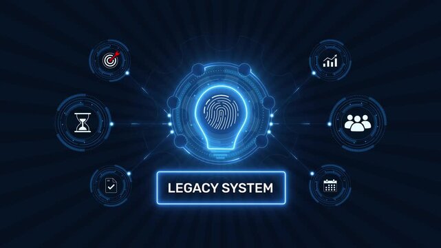 Legacy system modernization and IT software migration graphic loop with glowing biometric fingerprint icon on dark technology background