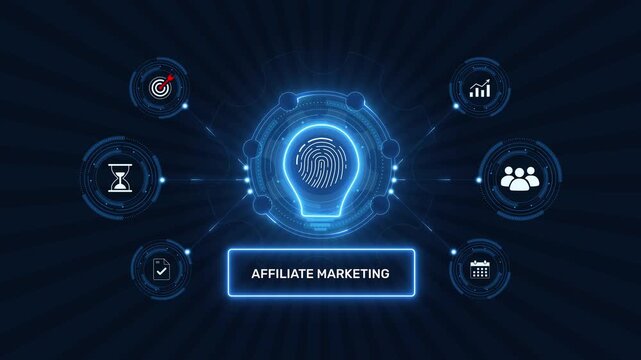 Affiliate marketing program and digital commission sales strategy graphic loop with glowing biometric fingerprint icon on dark background asset