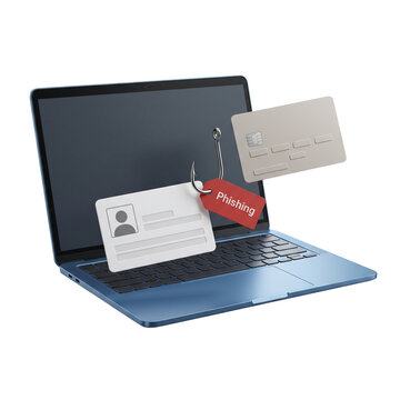Cybersecurity Phishing Attack Concept with Laptop, Credential Card, Payment Card, and Fishing Hook Isolated as a Transparent PNG Cutout
