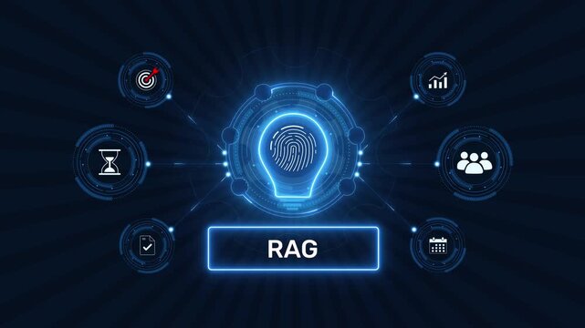 Retrieval augmented generation rag artificial intelligence data processing graphic loop with glowing biometric fingerprint icon on dark background asset