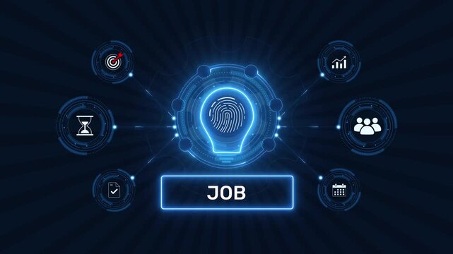 Job recruitment career search and human resources hiring concept graphic loop with glowing biometric fingerprint icon on dark technology background