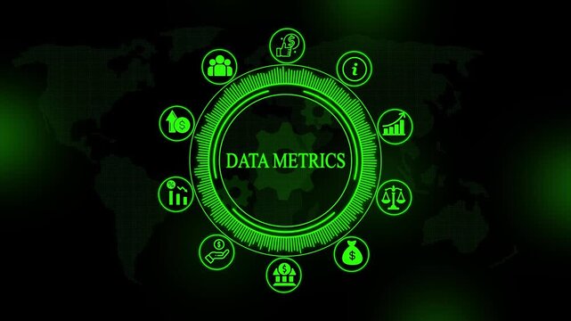 Digital interface with glowing green data metrics text surrounded by circular and a map background for financial business analysis