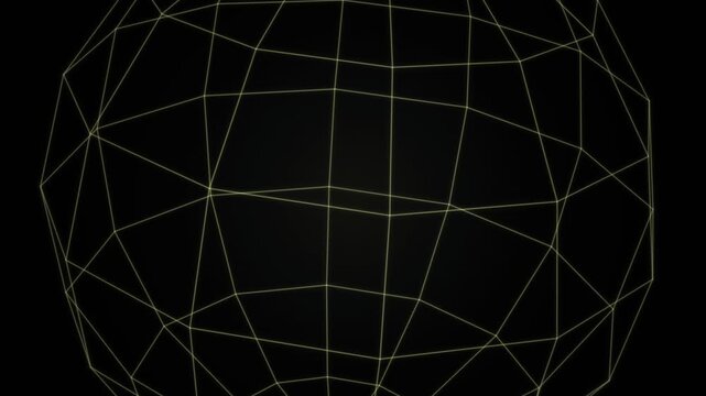 Yellow wireframe sphere rotating on a dark gradient background with subtle lighting effects