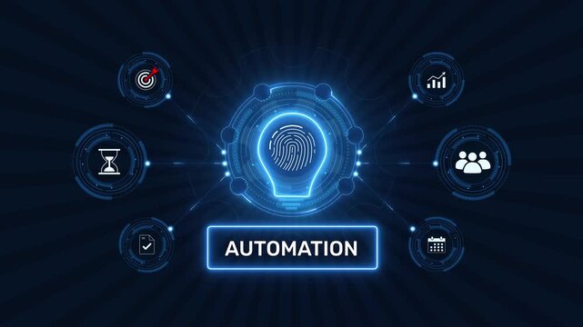 Industrial business process automation and digital workflow technology graphic loop with glowing biometric fingerprint icon on dark background asset