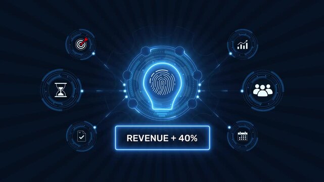 Business revenue growth 40 percent financial increase analytics graphic loop with glowing biometric fingerprint icon on dark technology background asset
