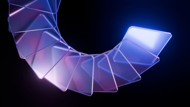 Translucent geometric shapes create dynamic spiral design, showcasing blend of colors and light. modern aesthetic evokes sense