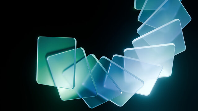 Translucent geometric shapes create dynamic visual effect against dark background, evoking sense of movement and depth
