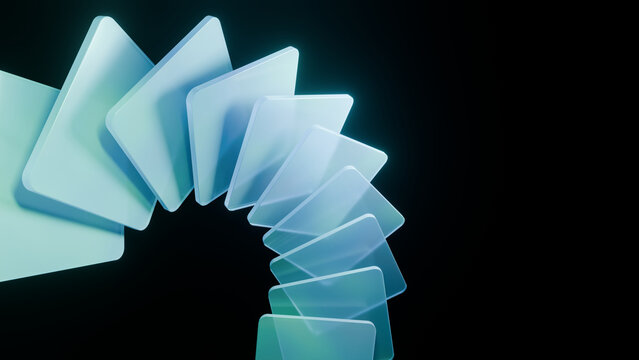 Translucent geometric shapes create dynamic spiral effect against dark background, evoking sense of movement and depth