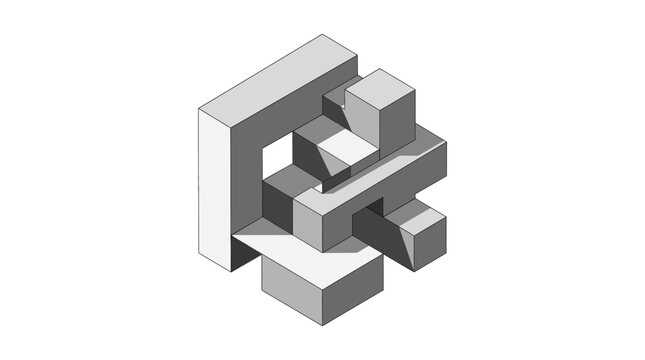 Isometric 3D interlocking grey blocks logo icon.