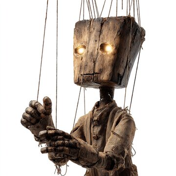 Wooden puppet character featuring glowing yellow eyes and textured rustic cloth clothing suspended by thin strings against white studio background