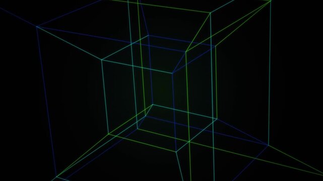 Glowing geometric neon cube tunnel receding into a dark void