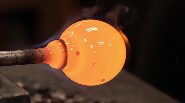 Glassblower shapes a glowing molten glass sphere with metal tongs. Artisan working in a workshop to create handcrafted glassware. Traditional craft process.