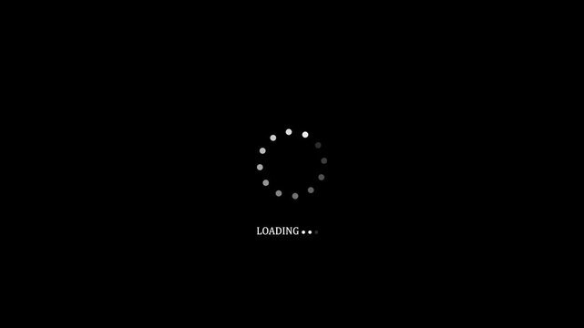 Minimalist loading spinner animation with progress dots on black background, buffering waiting