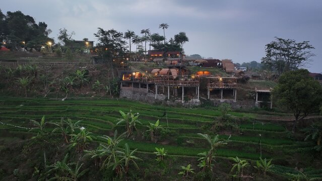 Aerial view of a hillside resort overlooking lush green terraced rice fields in Trawas, East Java, Indonesia.