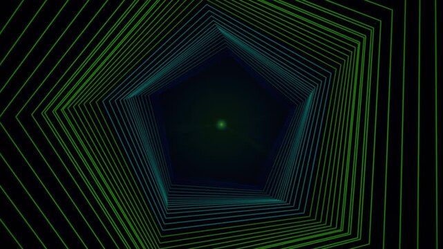Concentric pentagonal geometric tunnel fading into a luminous green center against a dark background.