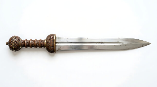 Ancient Roman Gladius Sword with an Intricate Wood Handle Isolated on a White Background