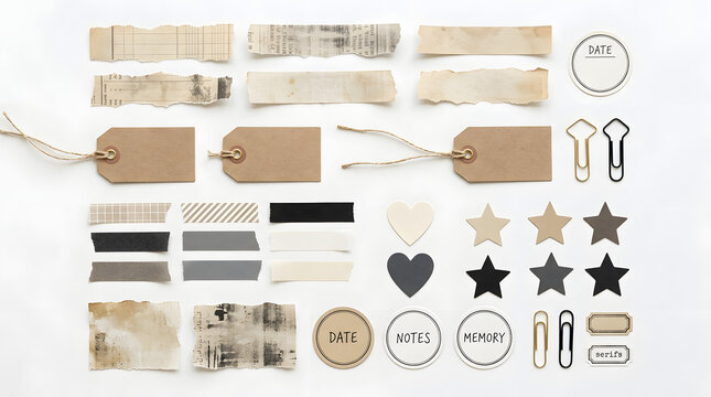 Flat lay collection of vintage paper scraps kraft tags washi tape and decorative shapes for scrapbooking and creative journaling
