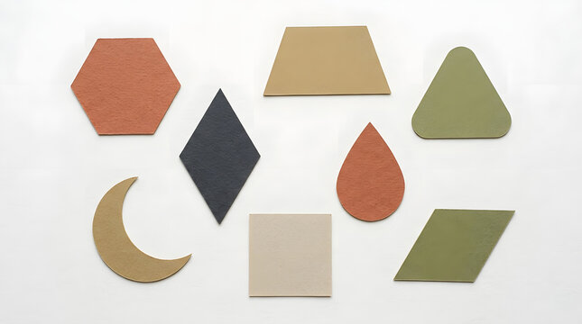 A collection of various geometric shapes made from textured paper in earthy tones arranged on a white background surface