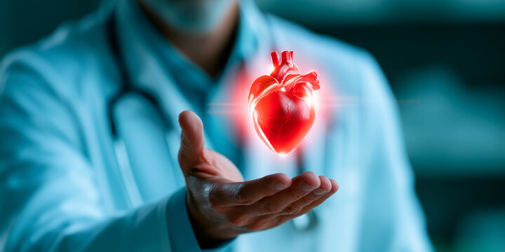 Doctor holding glowing digital human heart hologram over extended hand for healthcare concept
