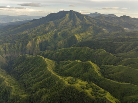 Aerial view of Avatar Hill, also known as Watu Nari Wowo, featuring lush green rolling hills and deep valleys under a soft sunset sky in Bajawa, East Nusa Tenggara, Indonesia.