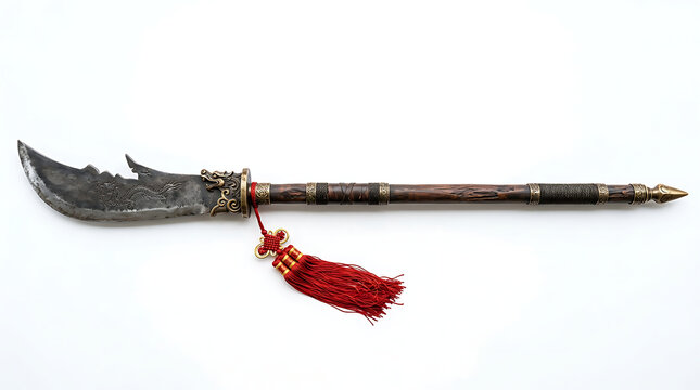 Antique Traditional Chinese Guandao Polearm Weapon Isolated on a Plain White Background