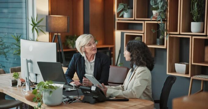 Lawyer, talking and women in office on tablet for legal strategy, case study and research. Law firm, partnership and woman with paralegal on tech for report, contract review and consulting for trial