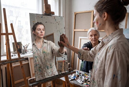 Female artist painting looking at mirror reflection studio creative art