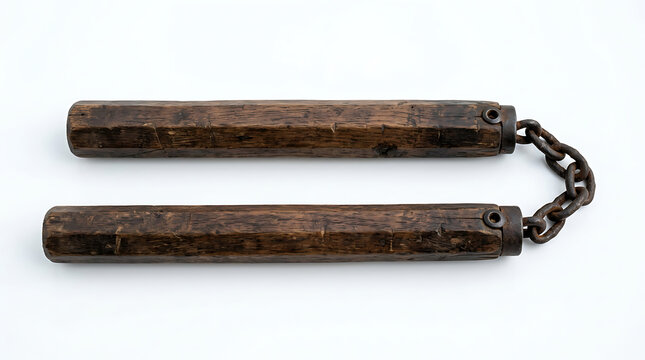 Traditional Wooden Nunchaku Weapon Isolated on a Plain White Studio Background