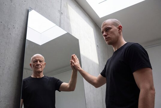 Young man touching mirror reflection of his older self concept art