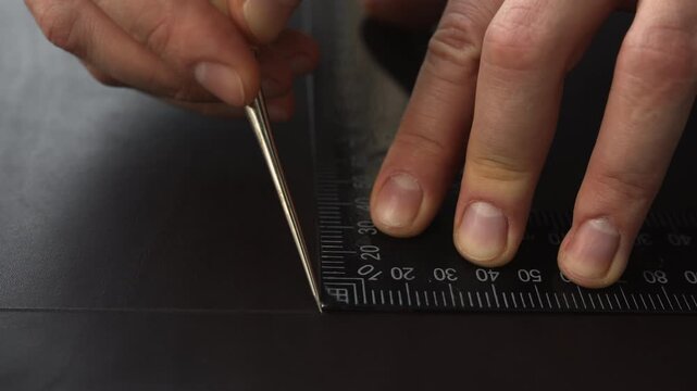 Artisan tracing cutting lines with an awl and ruler on black leather at a workshop, skilled craftsmanship and handmade work