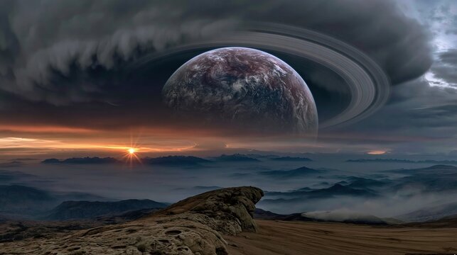 A massive ringed planet looms over a rugged alien landscape as a bright sun sets behind distant mountains for science fiction and space exploration concepts