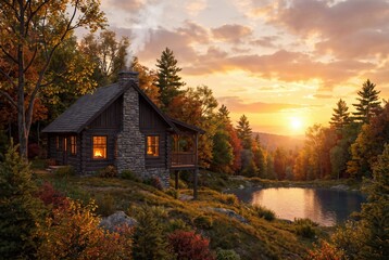 Fototapeta premium Cozy log cabin in autumn forest at sunset with warm glowing fireplace