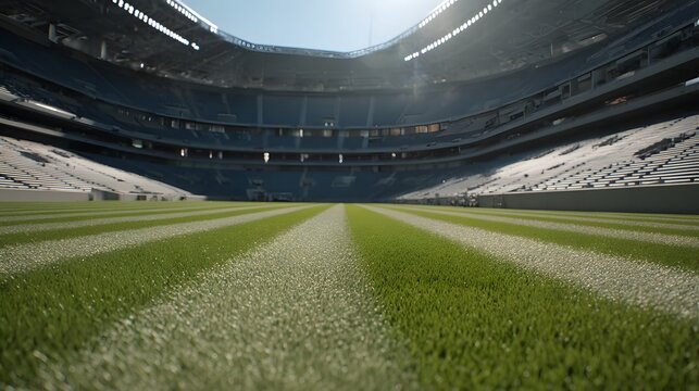 Sunny American football stadium arena with green grass and sunbeams.