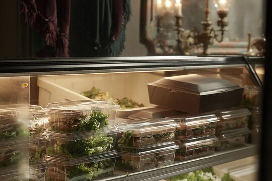 Prepackaged fresh sandwiches and salads in a refrigerated display case, providing a cozy and moody atmosphere for retail food and deli concepts
