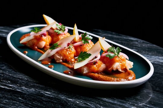 Flaky fish canapes topped with pear and fresh herbs on an oval teal plate for gourmet menu and catering advertising