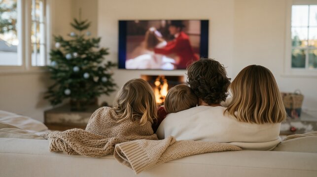 A family seen from behind watching a movie in a cozy living room with a crackling fireplace and Christmas tree for a warm holiday night