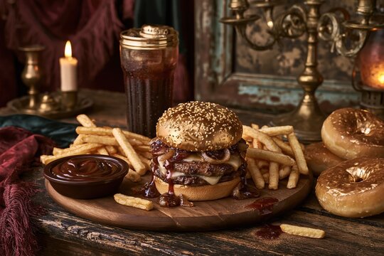 Gourmet double cheeseburger with gold sesame bun and crispy fries, served with glazed donuts and a soda for luxury fast-food menu advertising