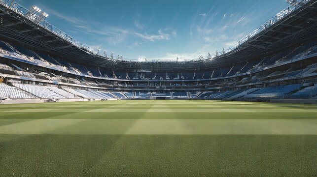 Sunny American football stadium arena with green grass and sunbeams.